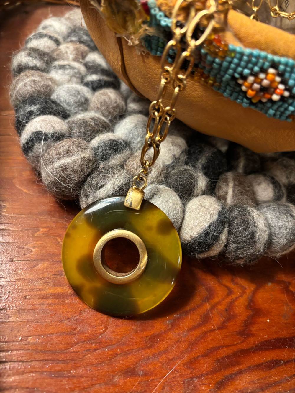 Gold Chain Necklace with faux tortoise shell Resin Donut Pendant